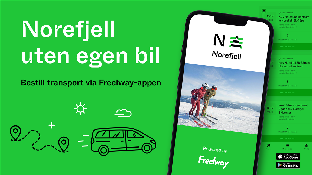Banner med påskrift Norefjell uten egen bil - Klikk for stort bilde